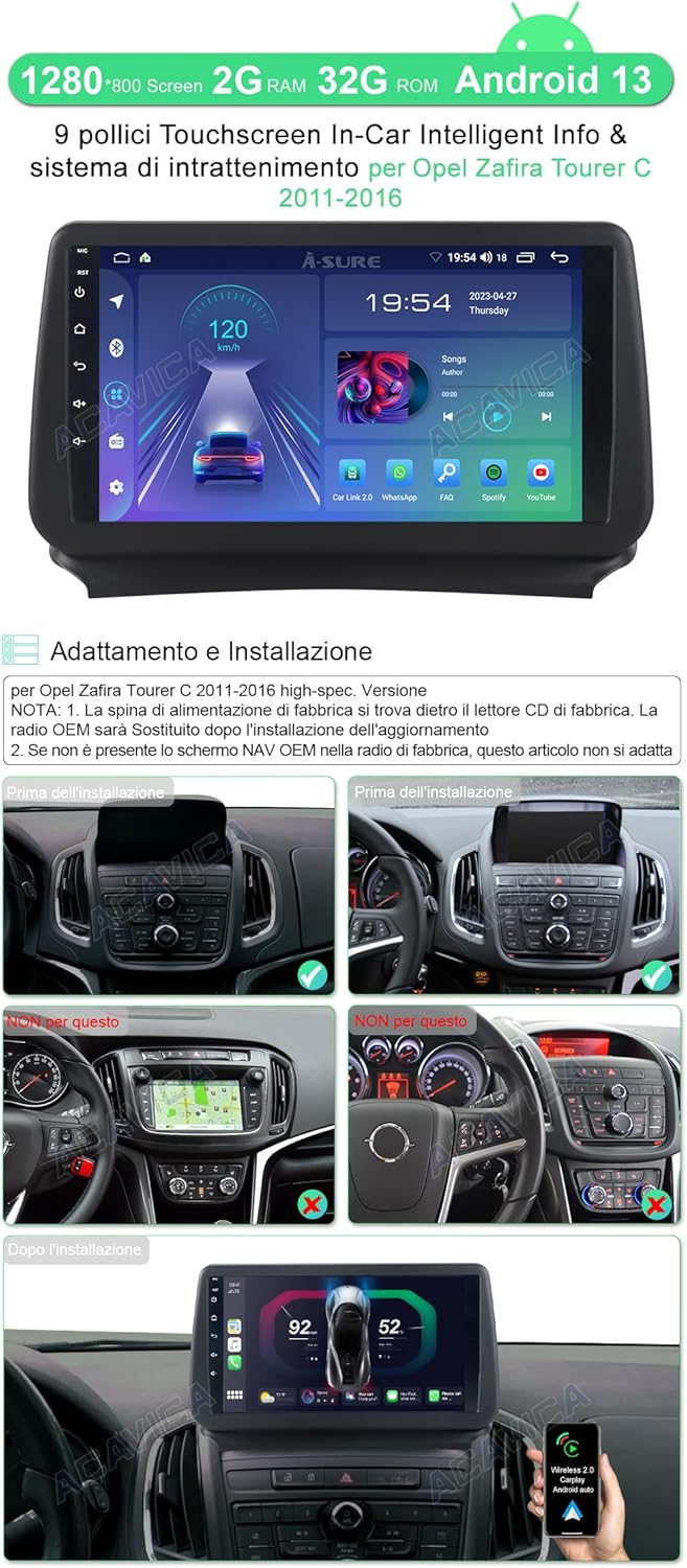Acavica Autoradio Android 13 per Opel Zafira Tourer C - immagine 2