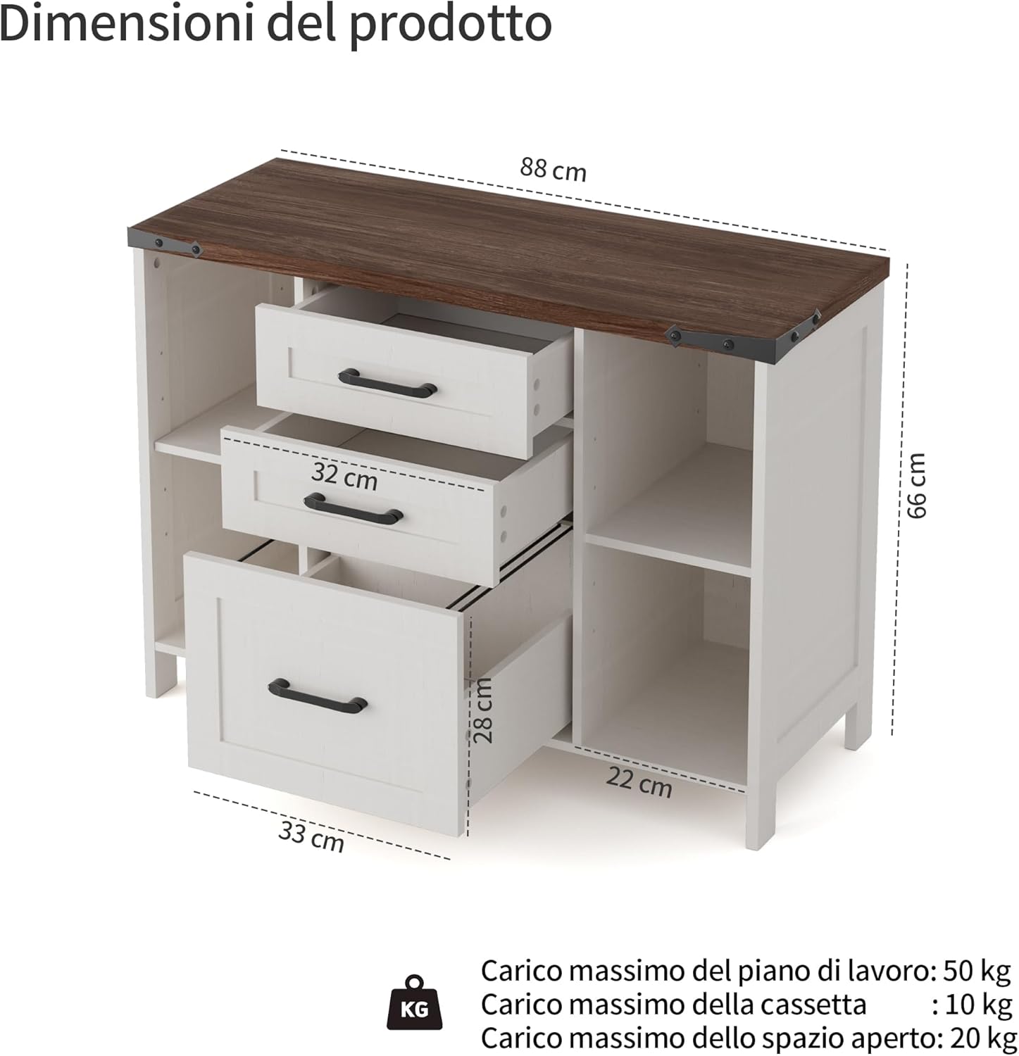 Armadietto portadocumenti con 3 cassetti e 4 scomparti aperti, per ufficio e casa, armadio multifunzione con scomparti regolabili, 88 x 35 x 66 cm, bianco - immagine 2
