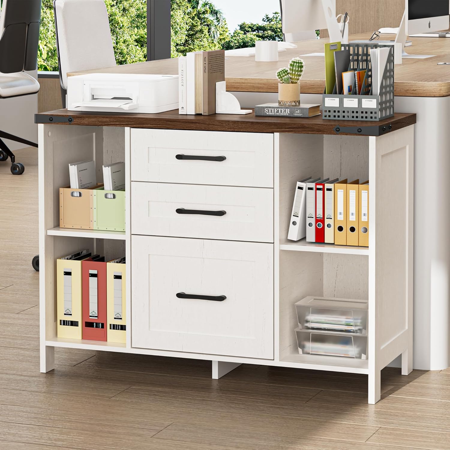 Armadietto portadocumenti con 3 cassetti e 4 scomparti aperti, per ufficio e casa, armadio multifunzione con scomparti regolabili, 88 x 35 x 66 cm, bianco - immagine 5