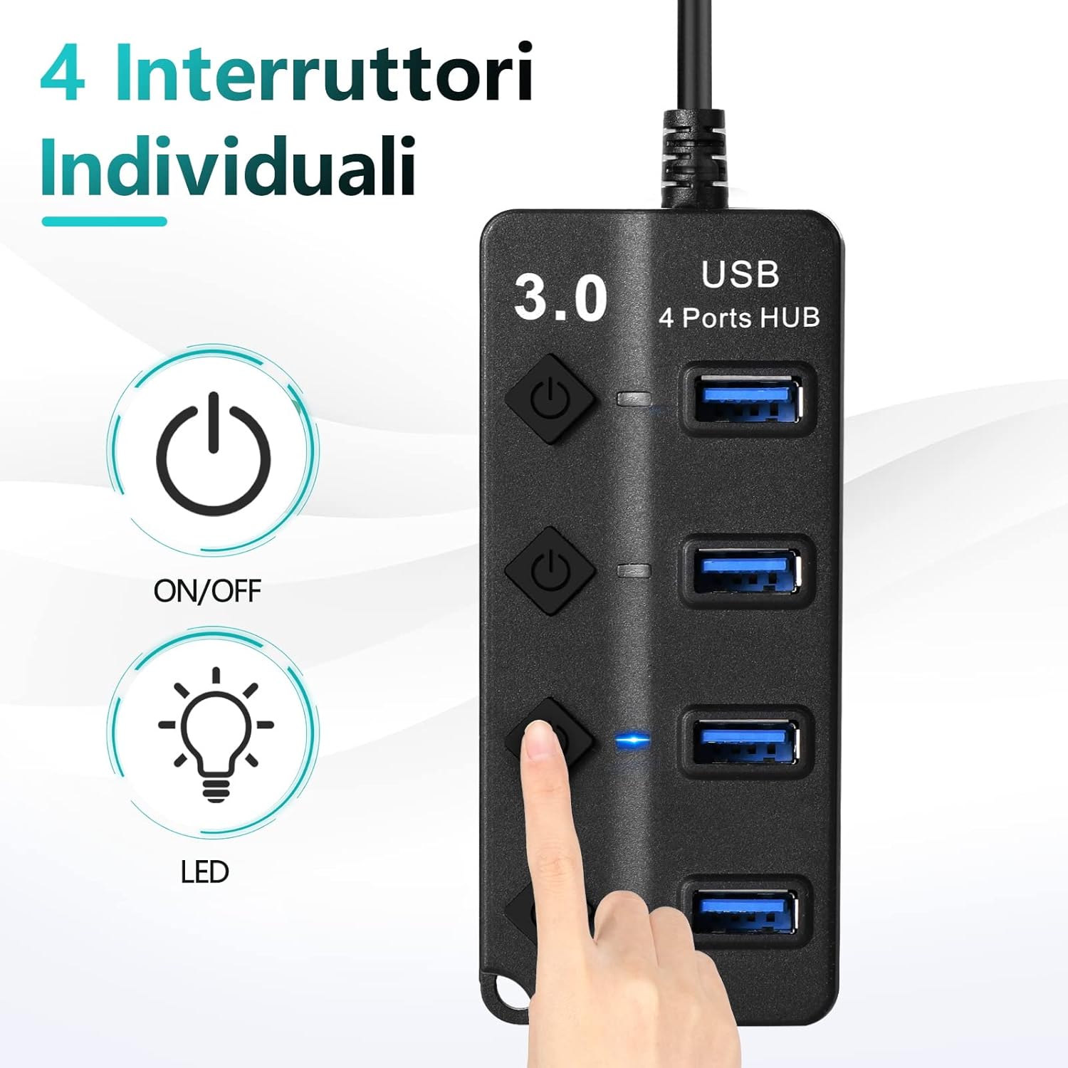 Hoppac USB Hub 4 in 1 con Interruttore e LED - immagine 2
