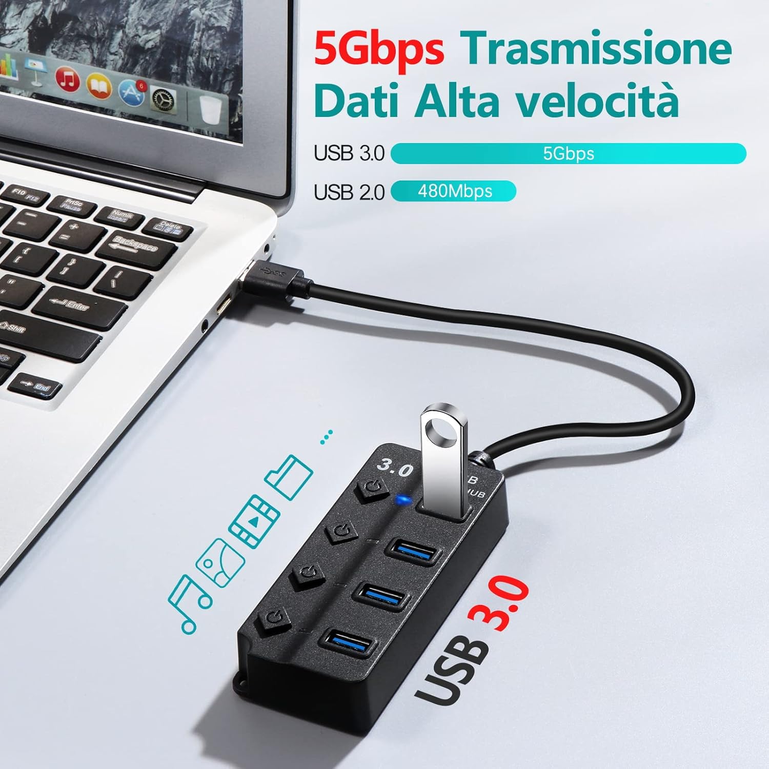 Hoppac USB Hub 4 in 1 con Interruttore e LED - immagine 4