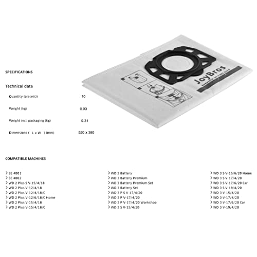 JoyBros 10 Sacchetti per Aspirapolvere Karcher - immagine 2