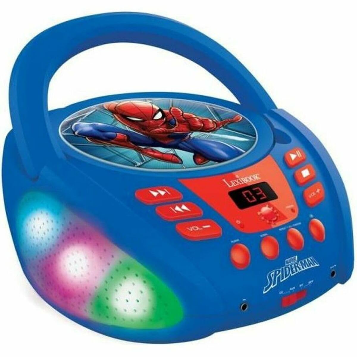 Lexibook- Spider-Man Marvel Uomo Ragno-Lettore CD Bluetooth per Bambini – Portatile, Effetti Multicolore, Jack per Microfono, AUX in, AC o batterie, Ragazzi, Blu/Rosso, Colore