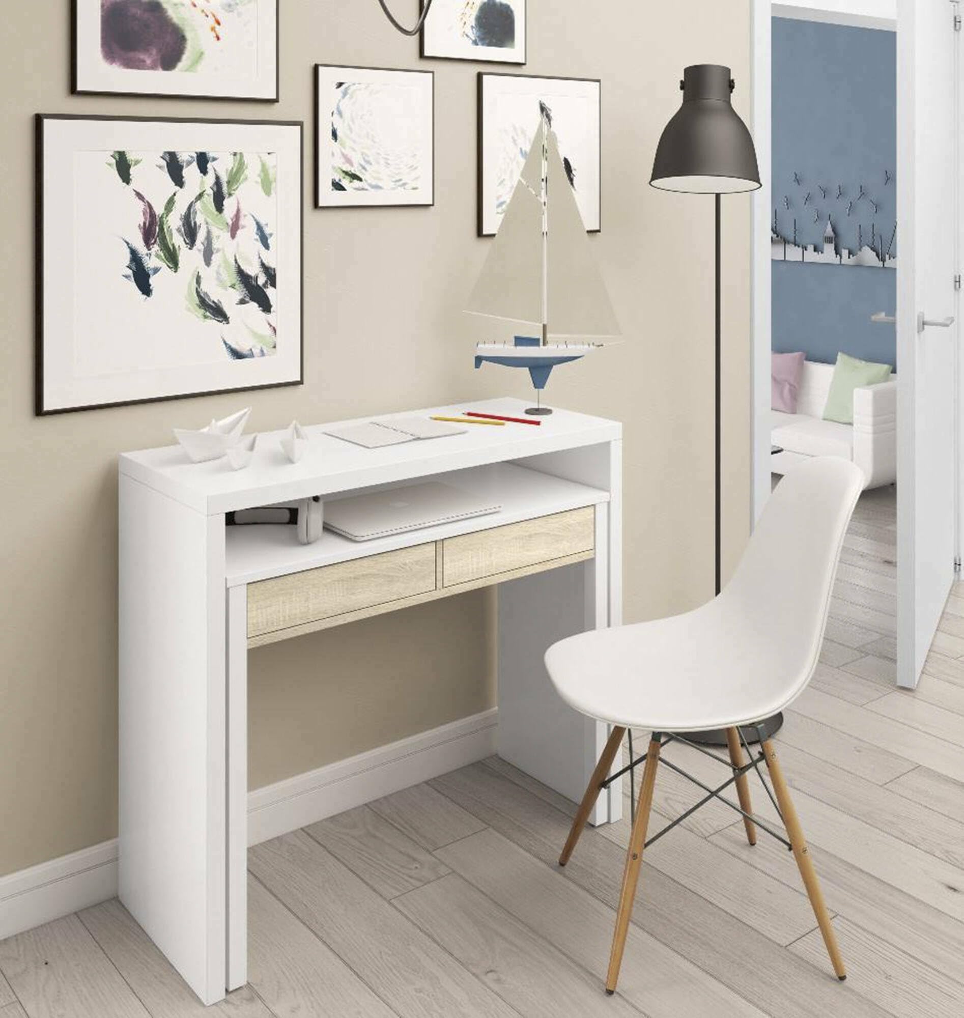 Dmora Scrivania Billings con Piano Estensibile, Bianco/Rovere
