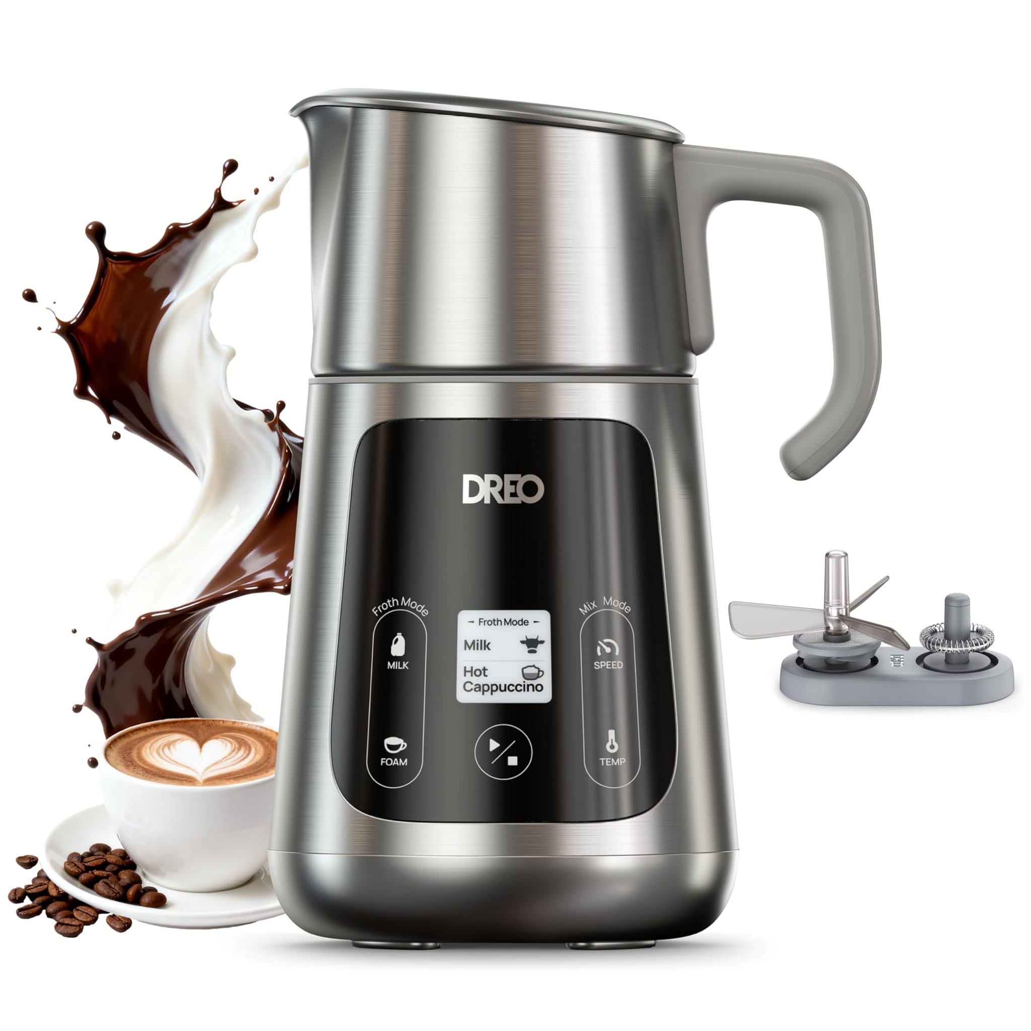 DREO Montalatte Elettrico [Aggiornato], Frullino Montalatte All-in-1 da 450ml per Latte, Cappuccino, Cioccolata Calda, Oltre 30 Bevande, Facile da Pulire, Lavabile in Lavastoviglie, Display LED