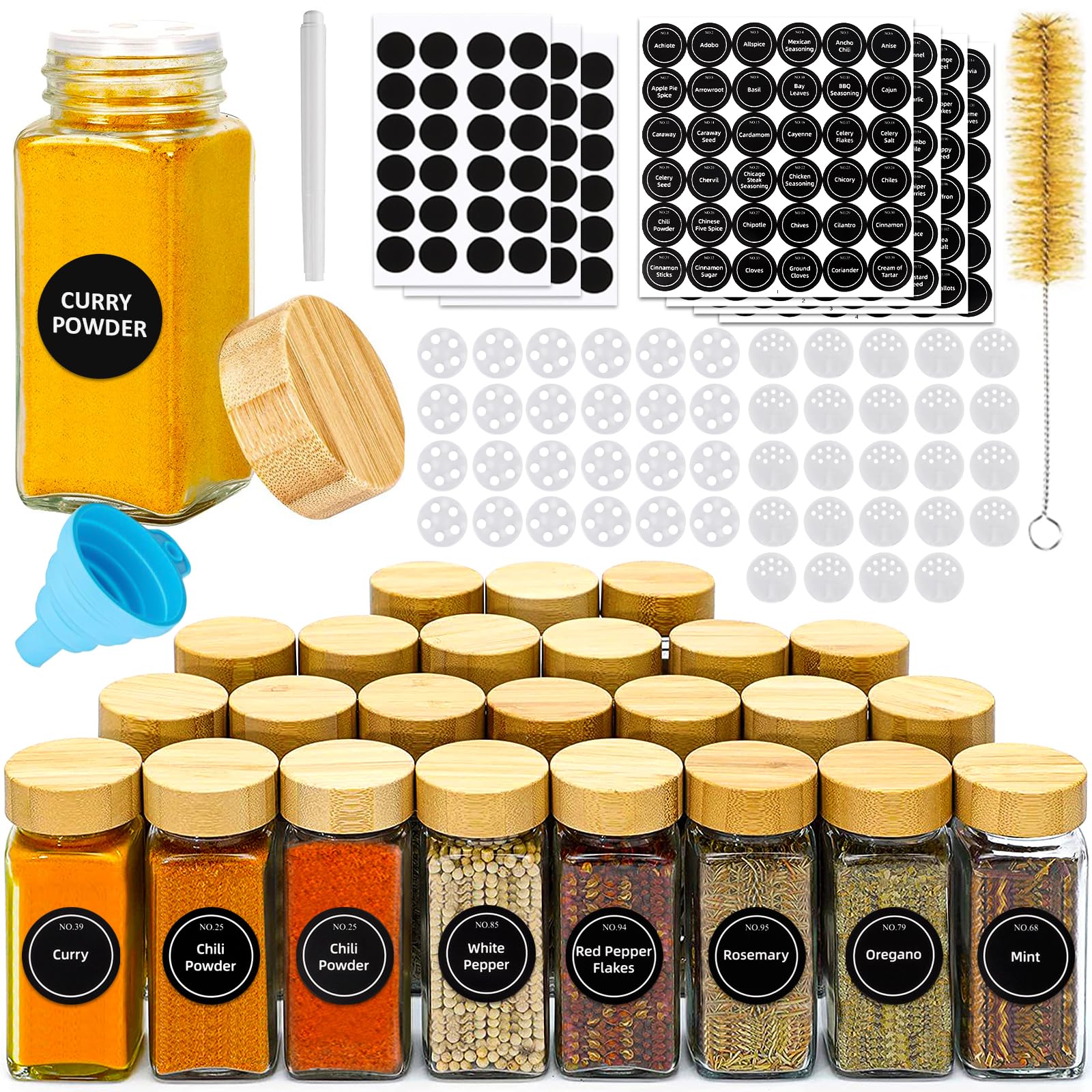 Barattoli Spezie 24pcs Quadrati con Coperchi in Legno