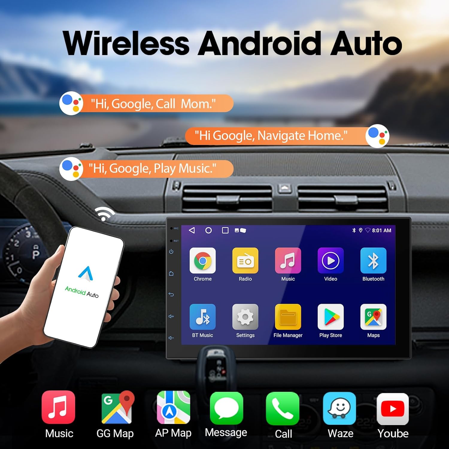 Autoradio Bluetooth 2 DIN con Wireless CarPlay & Android Auto - immagine 3