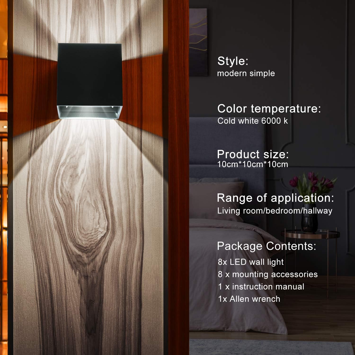 Ledmo 8 Pezzi Lampada da Parete LED 12W, Nero - immagine 2