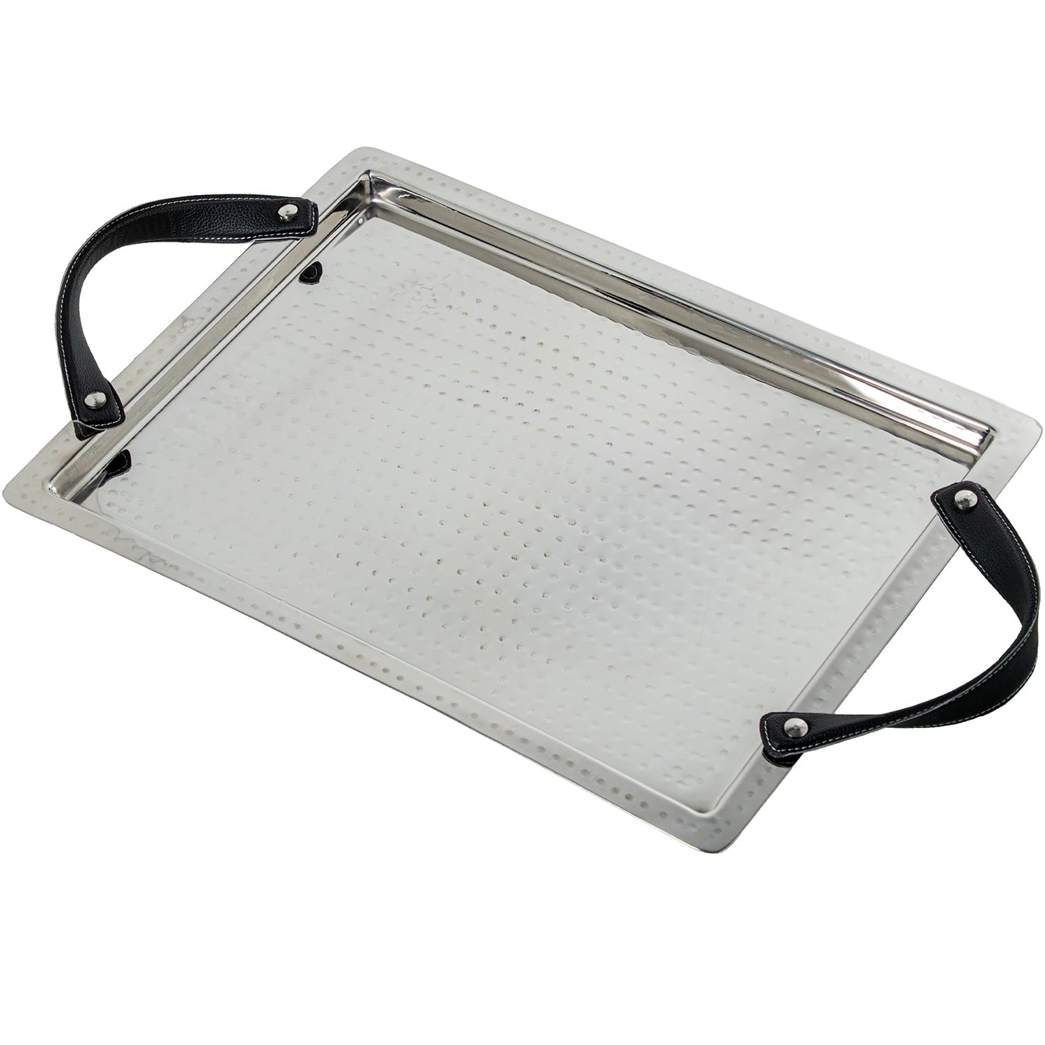 BANDEJA ACERO INOX. C/ASAS CUERO, MARTILLADO BRILLO_46X34X6CM INT:41X29CM