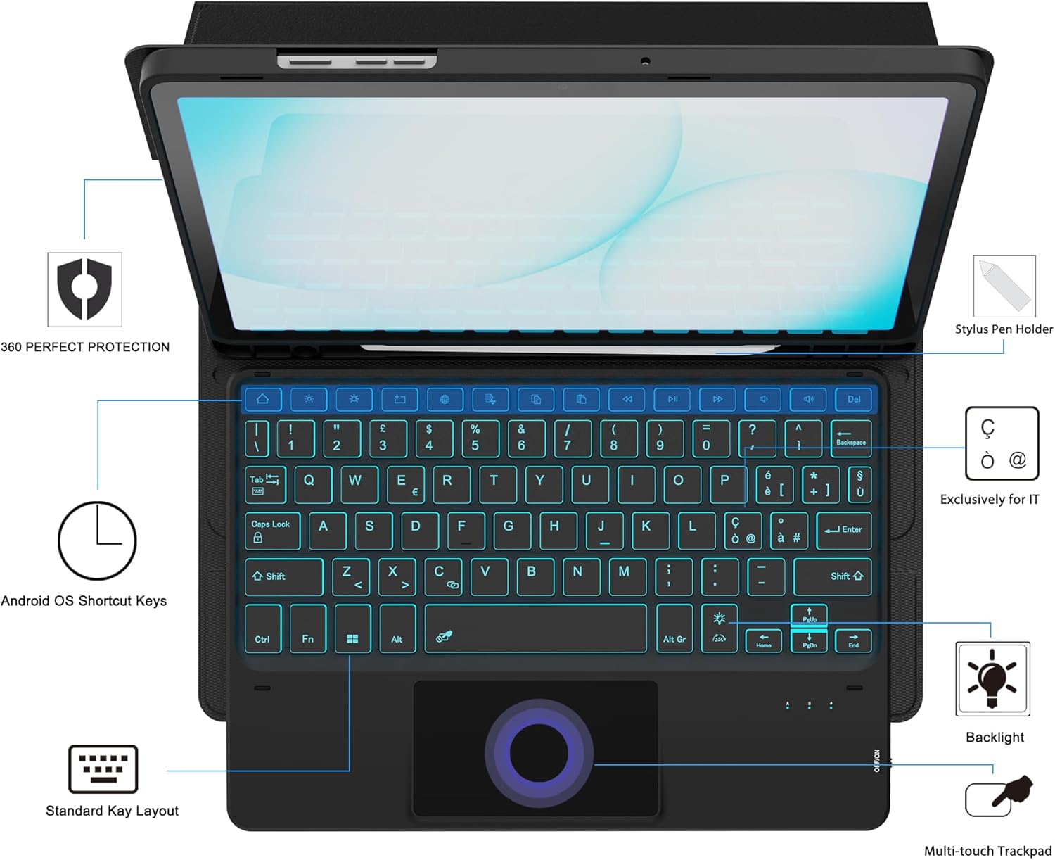 Custodia Tastiera per Samsung Galaxy Tab A11 Plus / A9+ 11", Nero - immagine 3