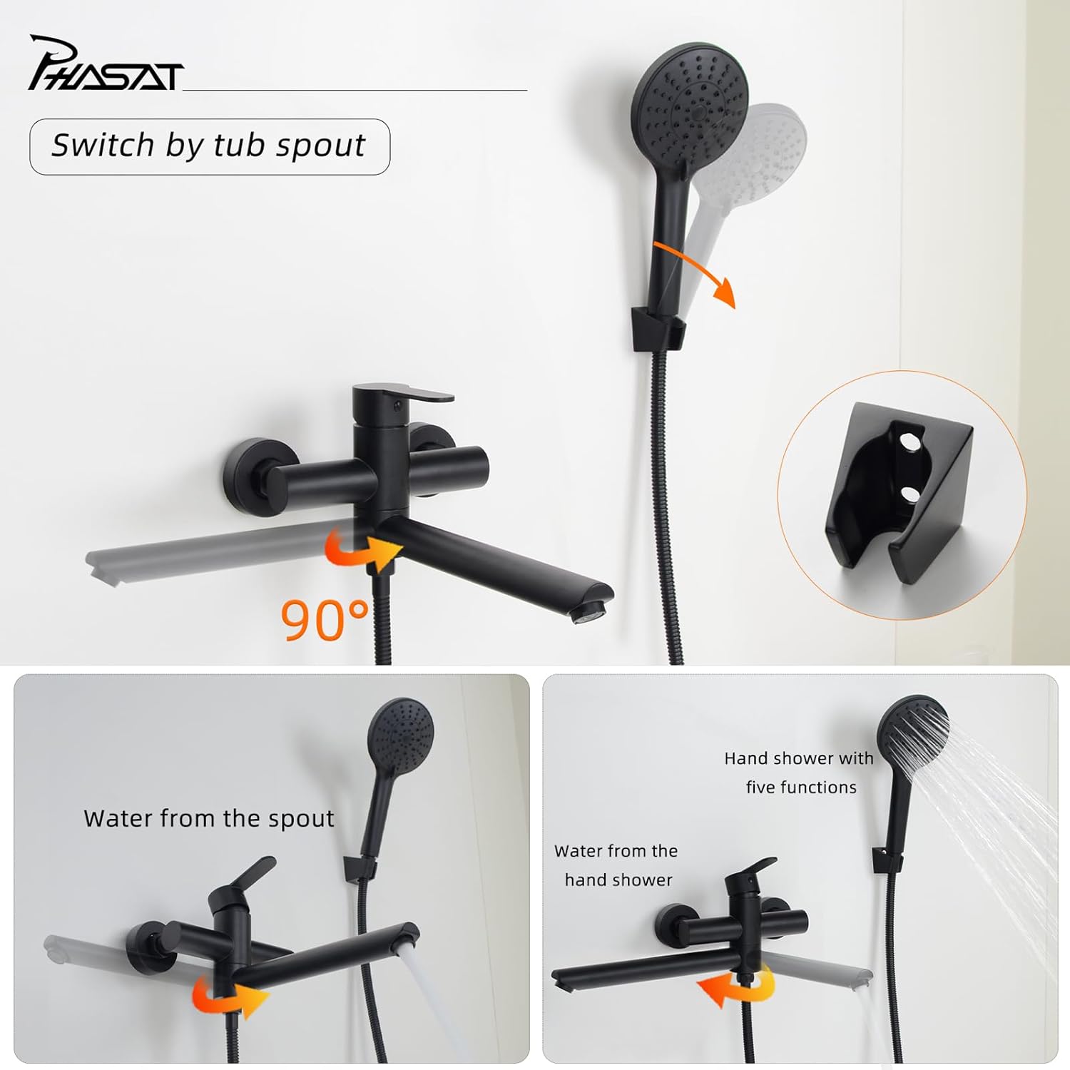 Phasat Rubinetto per Vasca da Bagno con Doccetta, Nero - immagine 3