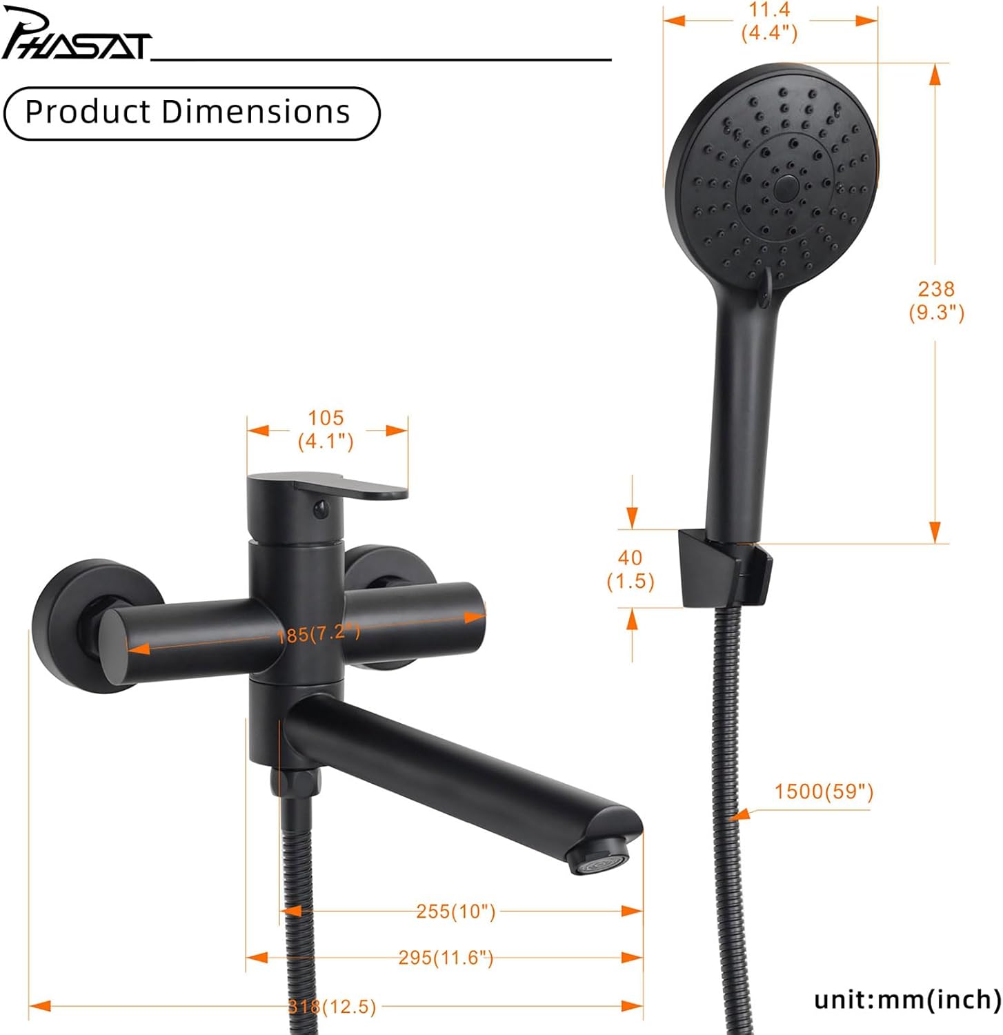 Phasat Rubinetto per Vasca da Bagno con Doccetta, Nero - immagine 6