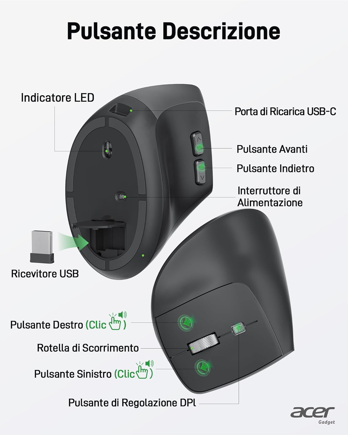 Acer Mouse Ergonomico Verticale Wireless Ricaricabile - immagine 3