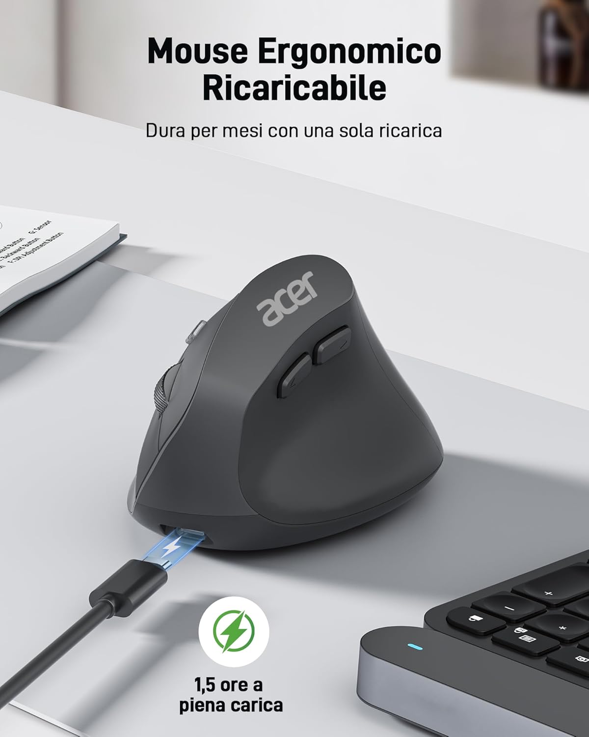 Acer Mouse Ergonomico Verticale Wireless Ricaricabile - immagine 5