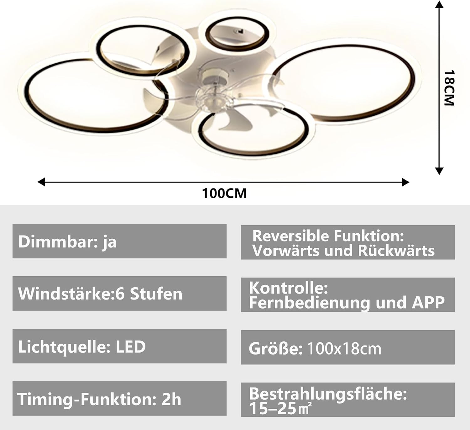 Ventilatore da Soffitto a LED con Luce 145W, Nero - immagine 3