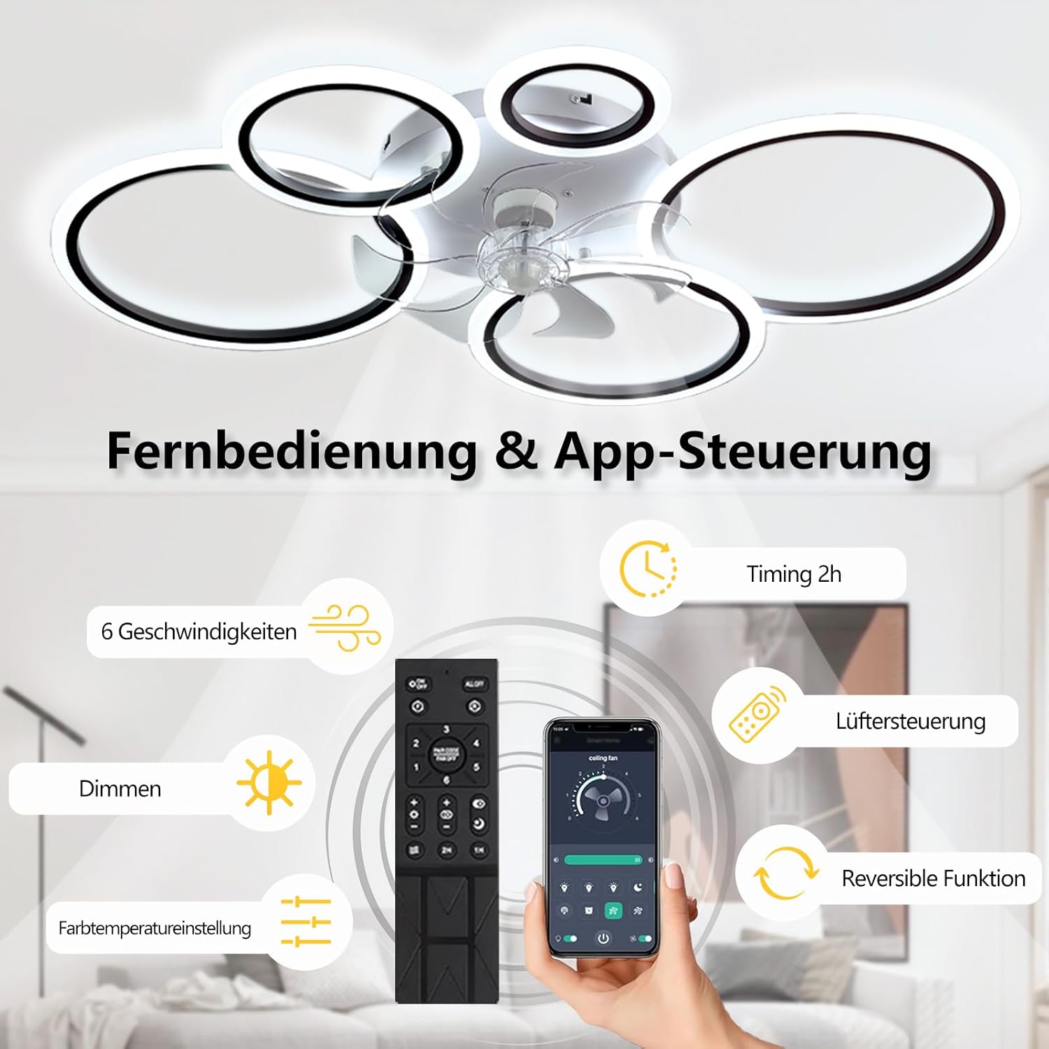 Ventilatore da Soffitto a LED con Luce 145W, Nero - immagine 6