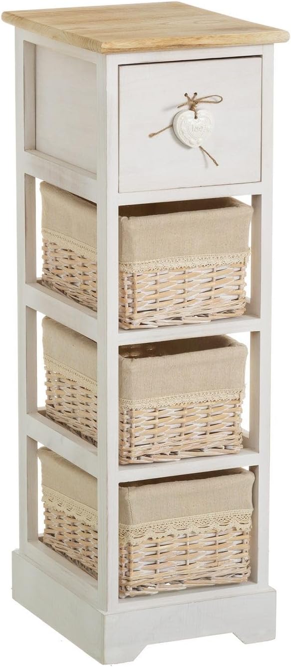 DRW Mobile con 1 cassetto e 3 cestini in legno e vimini in naturale e crema - immagine 1