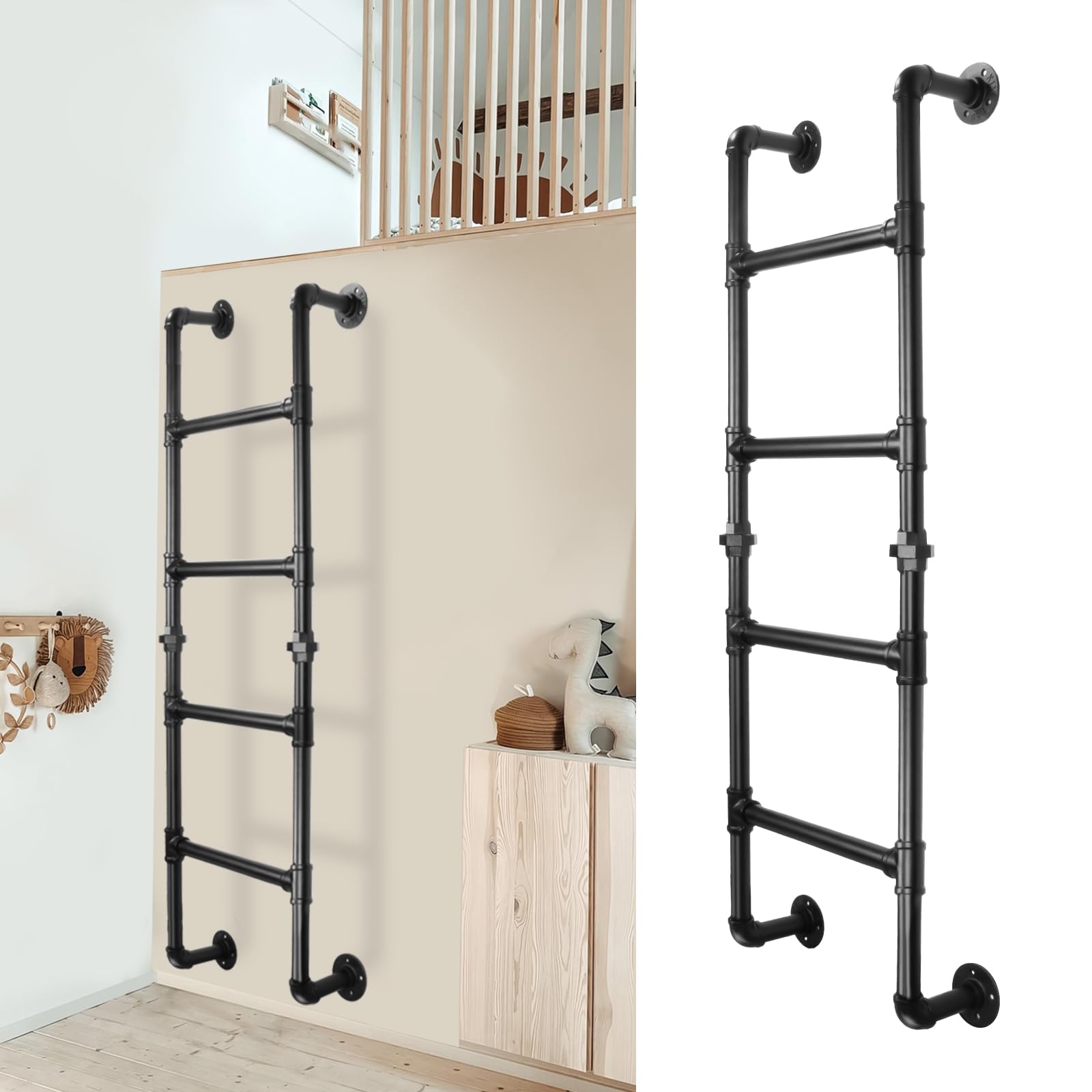 Scala a 4 Gradini per Letti a Castello, Pozzi di Finestra del Seminterrato e Soffitte, Scala di Emergenza in Metallo Nero, Capacità di Carico 150kg, 125cm, Ideale per Casa, Dormitorio, Terrazza