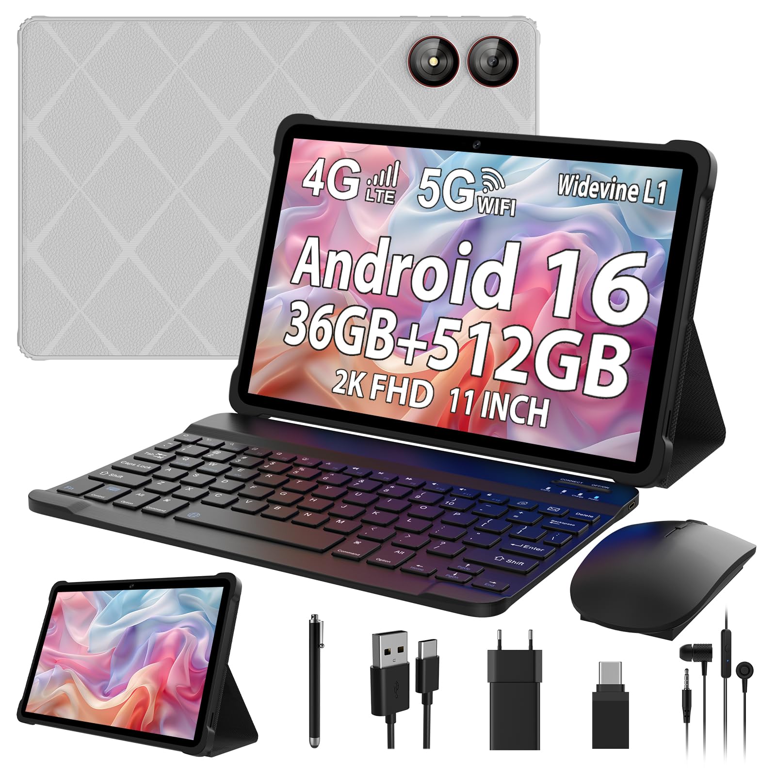 Tablet 2K 11 Pollici Android 16 con Tastiera e Mouse (Grigio)