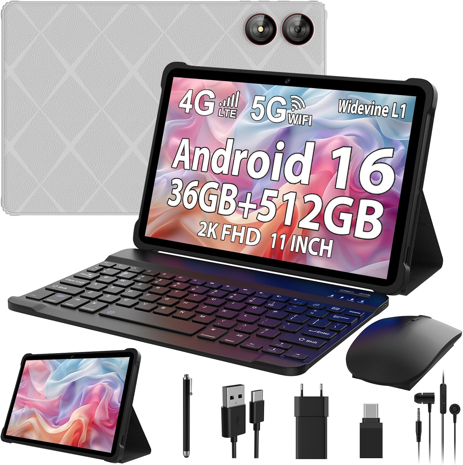 Tablet 2K 11 Pollici Android 16 con Tastiera e Mouse (Grigio) - immagine 1