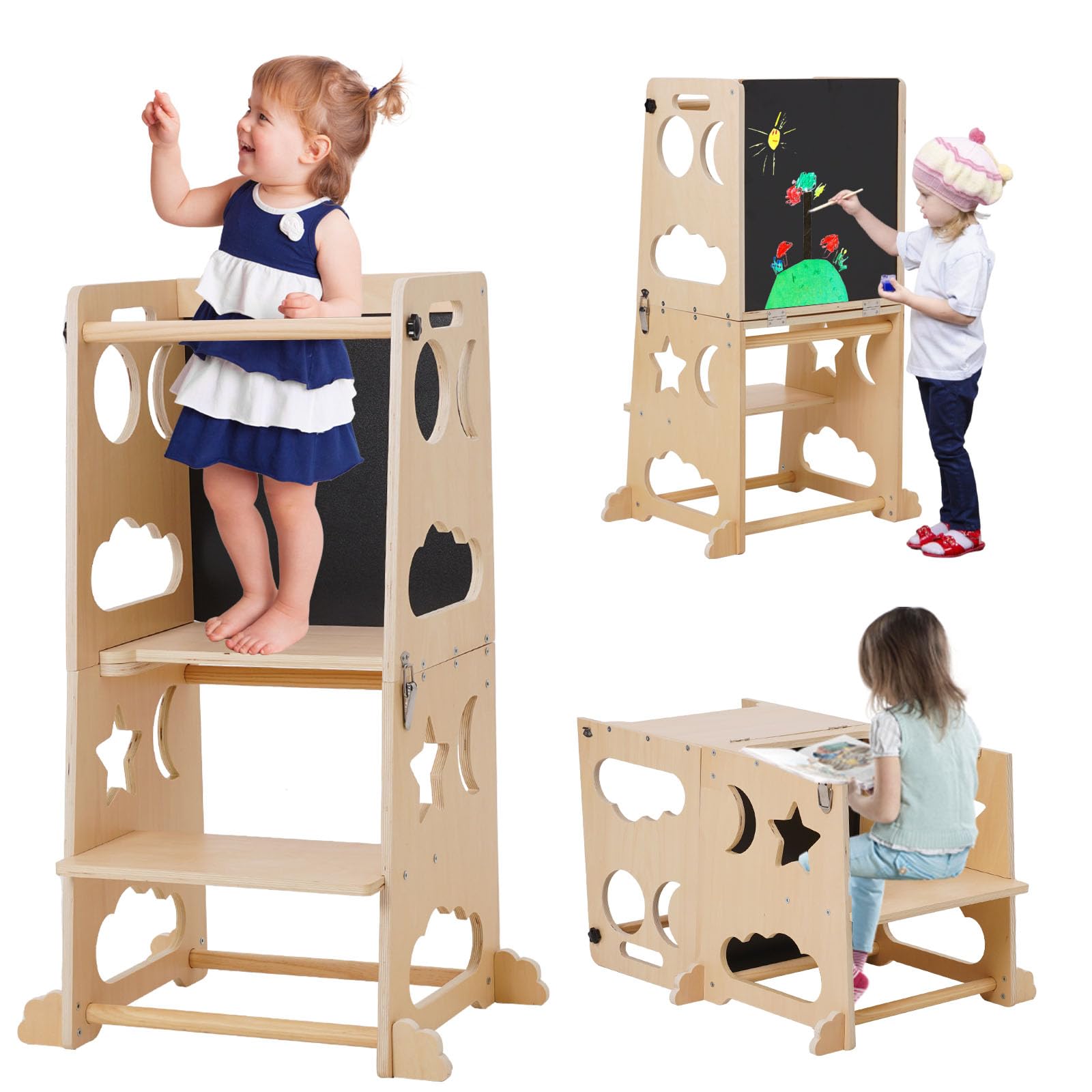 Torre Montessoriana per Bambini, Pieghevole Torre di Apprendimento, 3-in-1 Scala Montessoriana con Tavolo da Disegno, Legno Learning Tower, Legno Più Spesso / 18 Mesi e Oltre (Naturale)