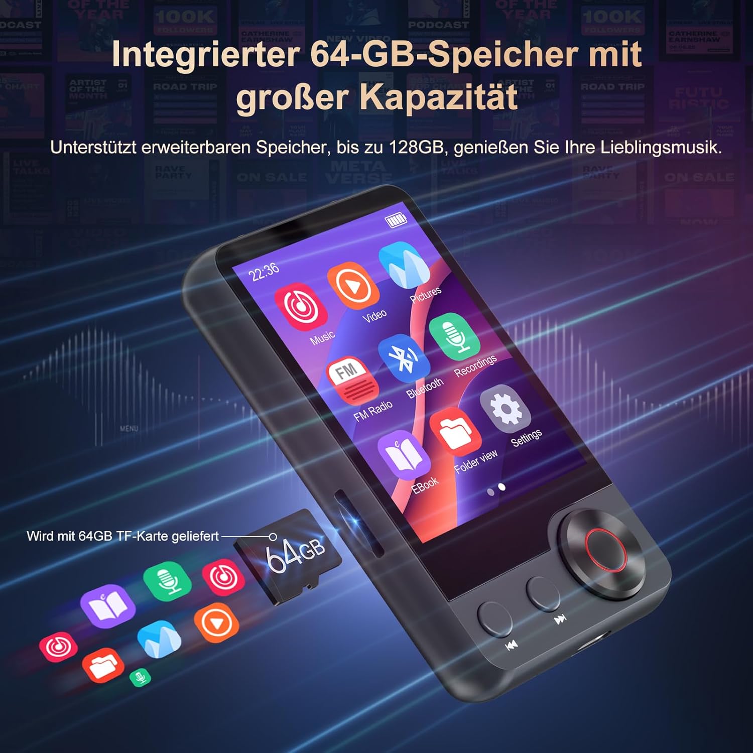 Lettore MP3 128GB con Bluetooth 5.3 Touchscreen 2.4" - immagine 3