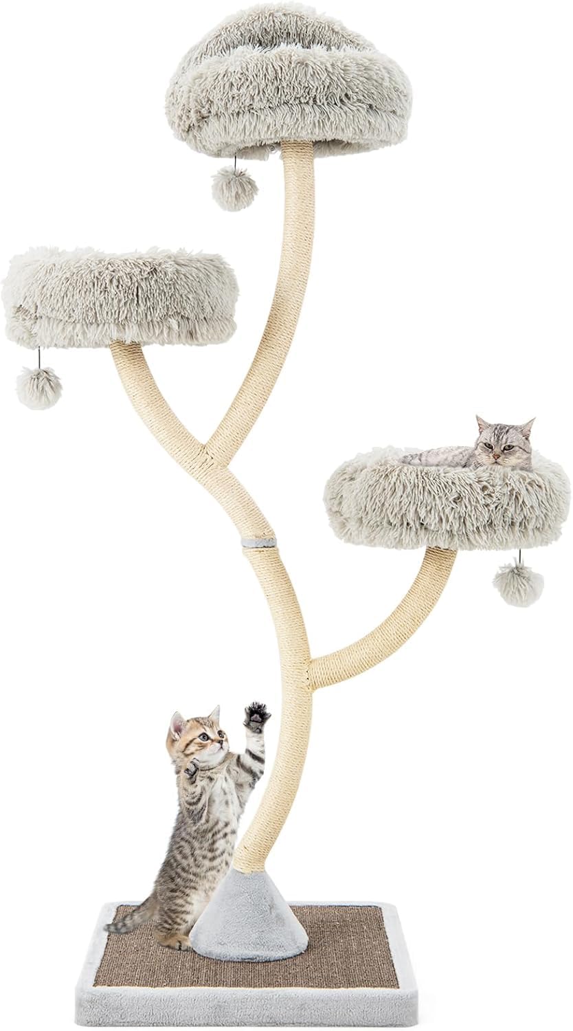 FANTASK Tiragraffi in legno da 178 cm, con 3 superfici calde, grigio, grande con palline di peluche e tronchi di sisal, mobili per gatti, torre per gatti con struttura in metallo