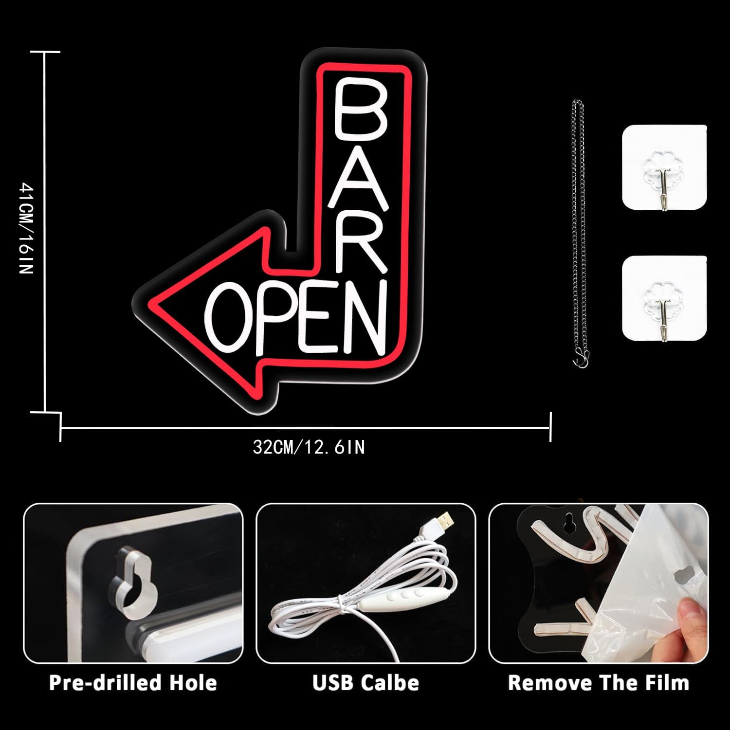 Bar Open Insegna Neon LED con Freccia - immagine 3