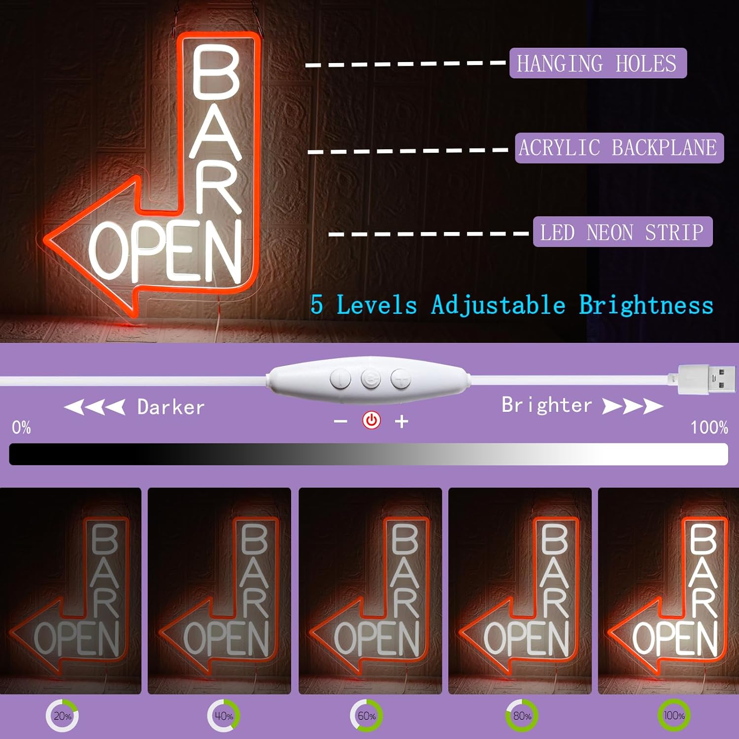 Bar Open Insegna Neon LED con Freccia - immagine 4