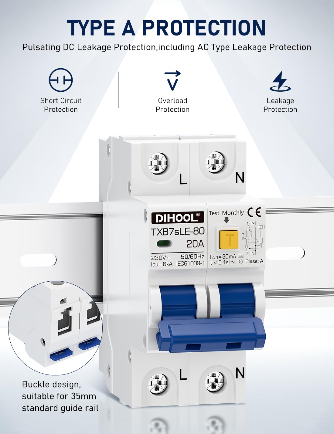 DIHOOL 1P+N 20A 30mA Tipo A 230V/AC Interruttore di corrente residua ...