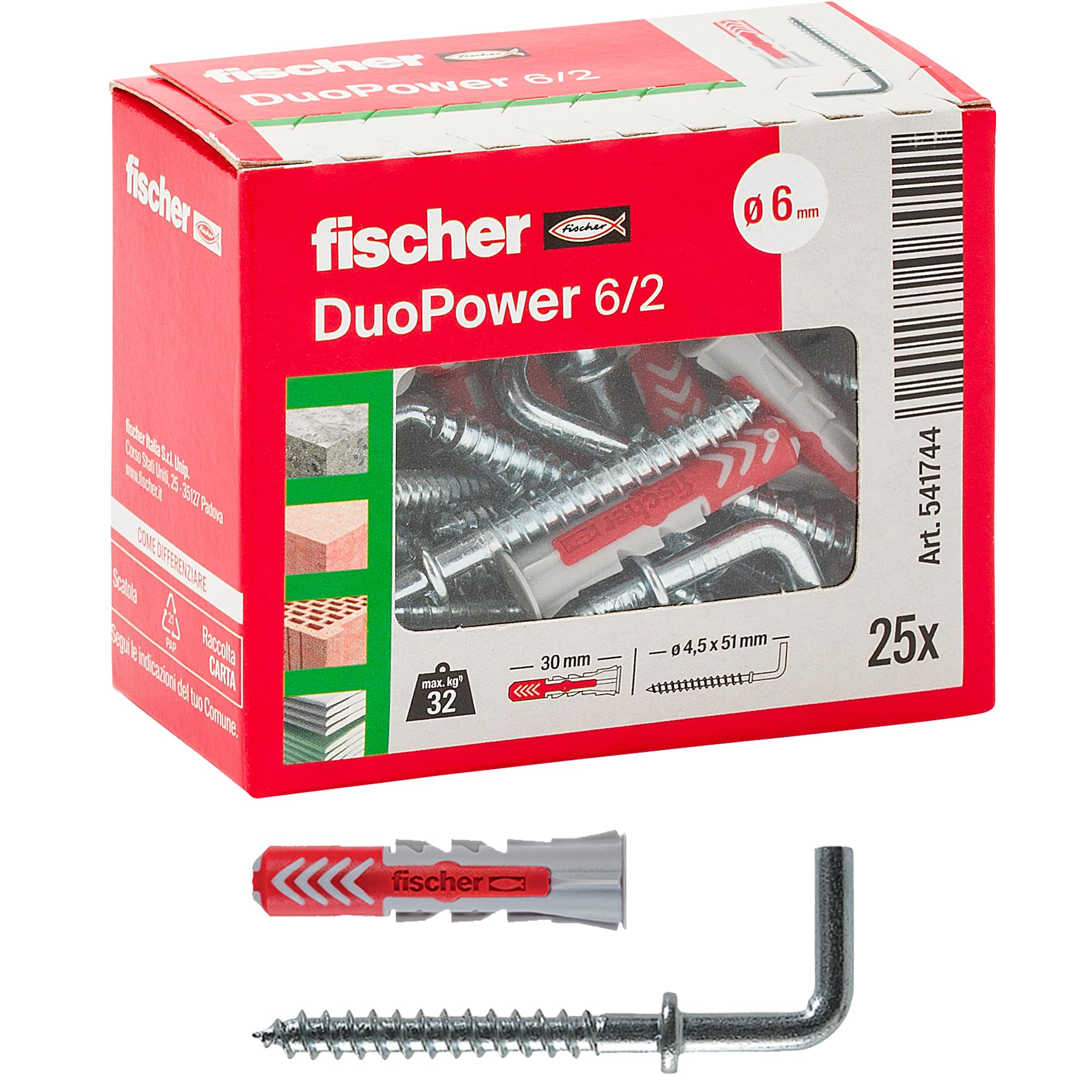 Fischer 25 Tasselli Duopower con Gancio Medio 6x30mm