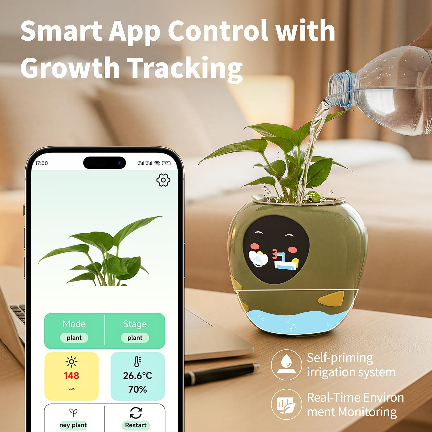 Plantbot Smart Flower Pot Robot con AI, Green - immagine 6