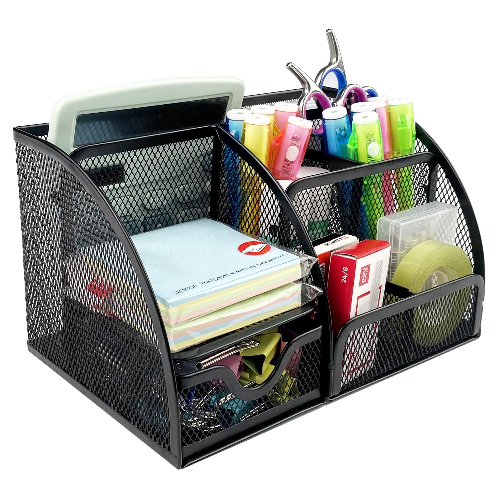 Fousenuk Portapenne da Scrivania Nero, Organizer da Scrivania Metallica in Rete con Cassetto e 7 Scomparti di Ordinamento, Portaoggetti da Scrivania per Penne, Cucitrici, Clip, Foglietti Adesivi