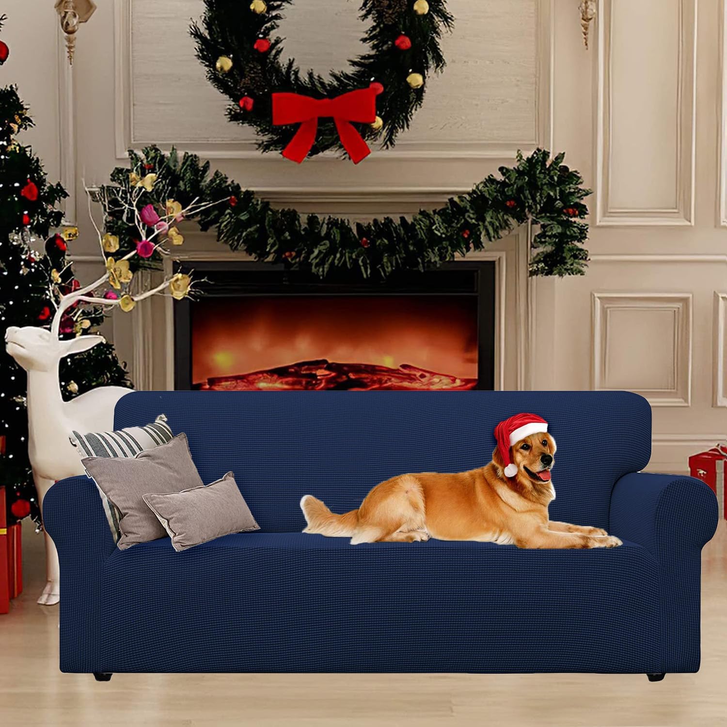 Copridivano 3 Posti Elasticizzato con Braccioli, Blu Scuro - immagine 2