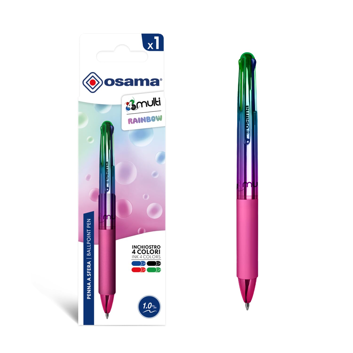OSAMA 4 Multi Rainbow - Penna Multicolore a Sfera 1.0 mm, 1 Pz, Penne Colorate 4 Colori Personalizzate Arcobaleno Inchiostro Nero Blu Rosso e Verde, Cancelleria Scuola Ufficio Università e Cartoleria