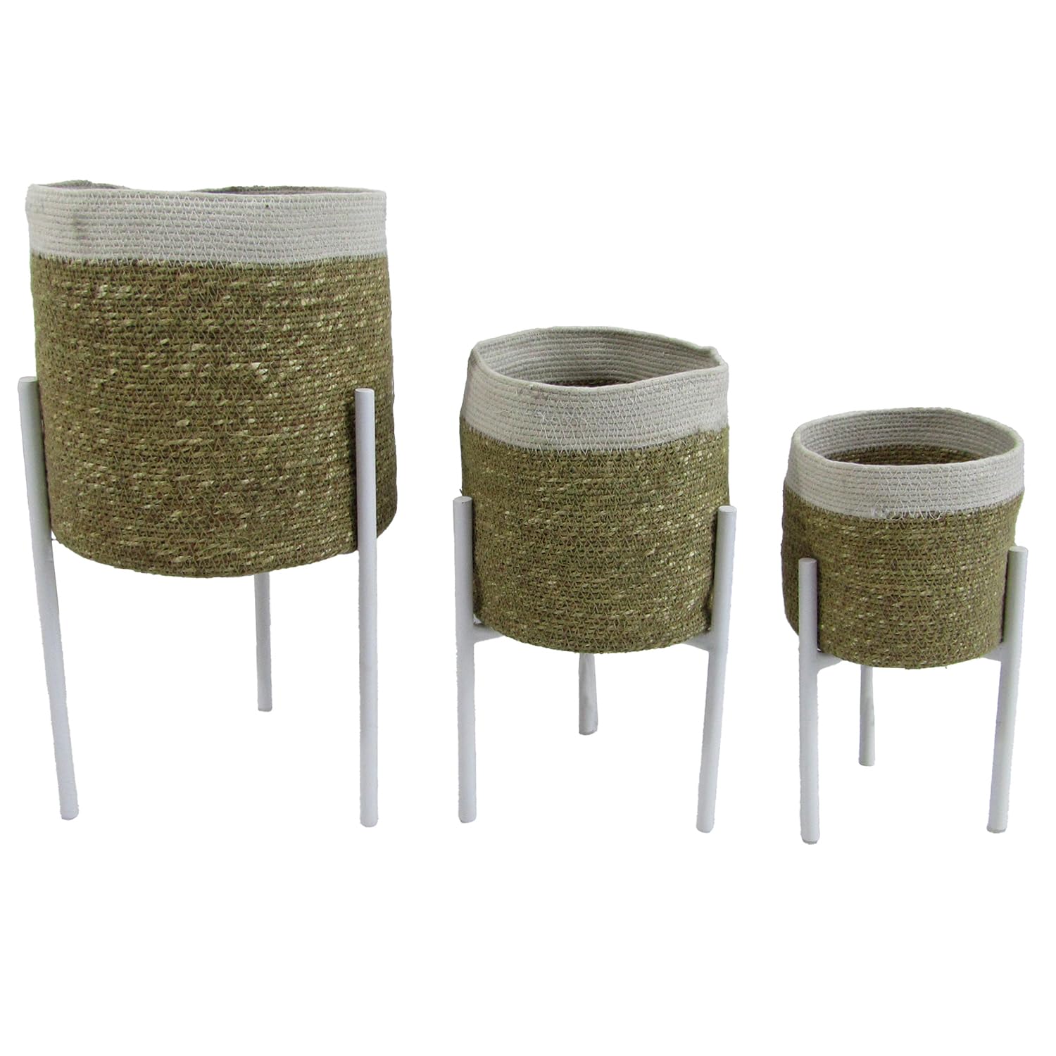 Drw Set 3 Vasi in Vimini e Metallo Naturale e Bianco