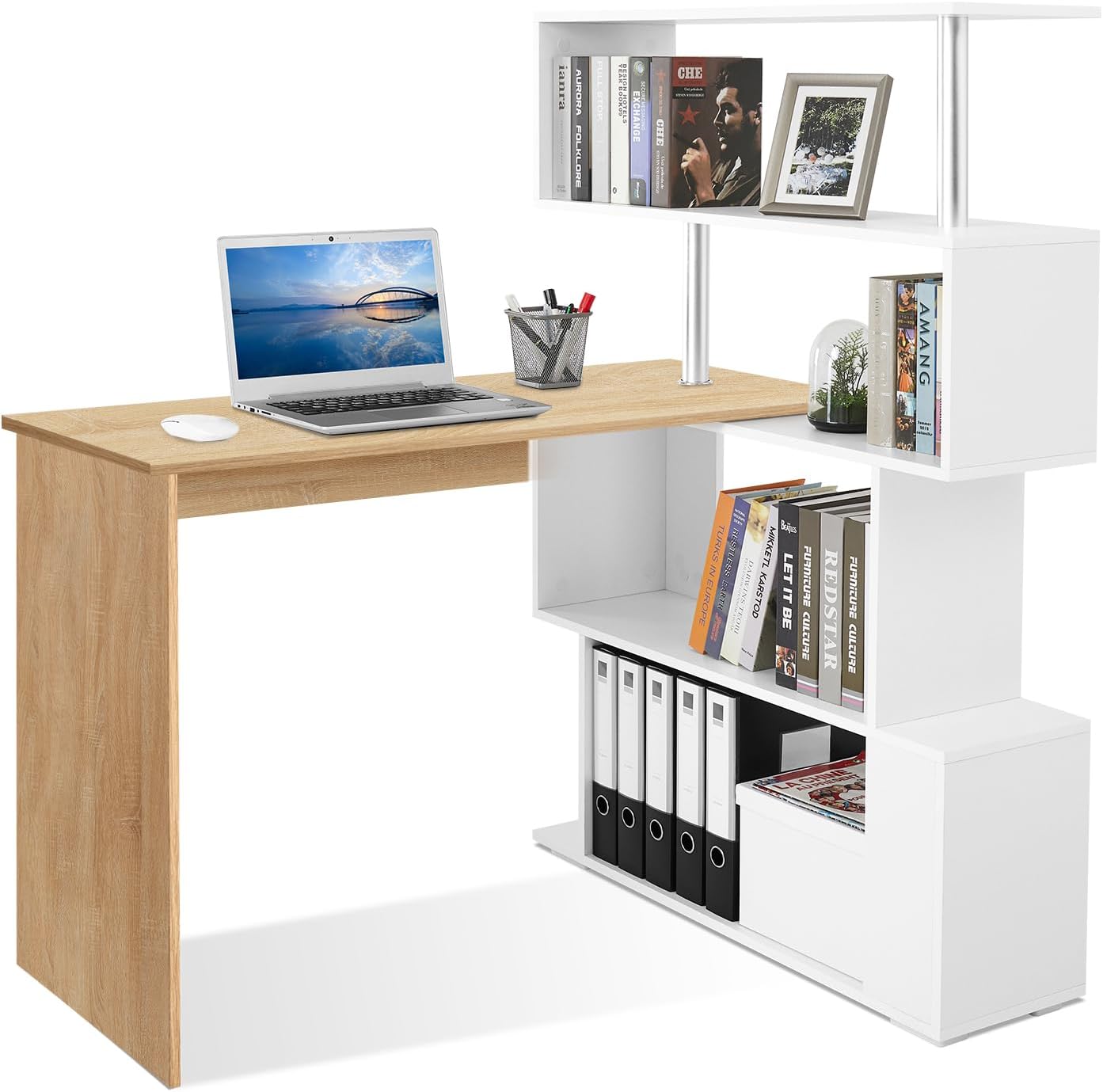 Mondeer Scrivania per Computer a Forma, Legno e Bianco, 157 x 45 x 130,5 cm