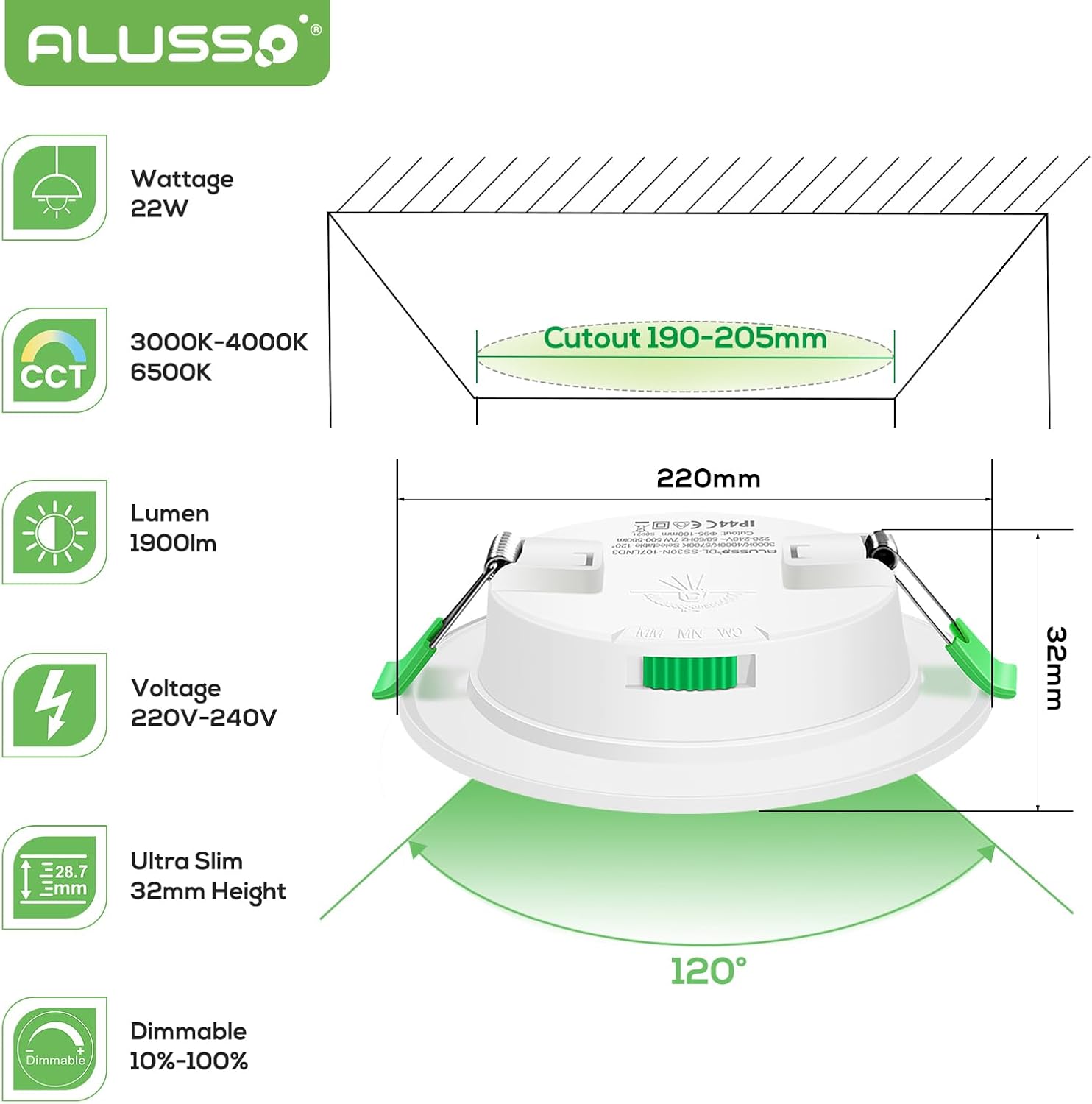 Alusso 6 Faretti LED da Incasso 22W 1900Lm Dimmerabili - immagine 2