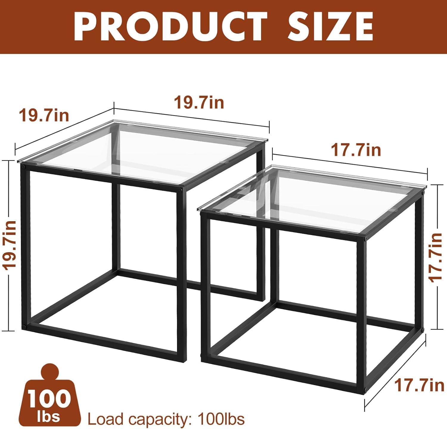 Set 2 Tavolini Quadrati Moderni 50/45cm, Nero - immagine 3