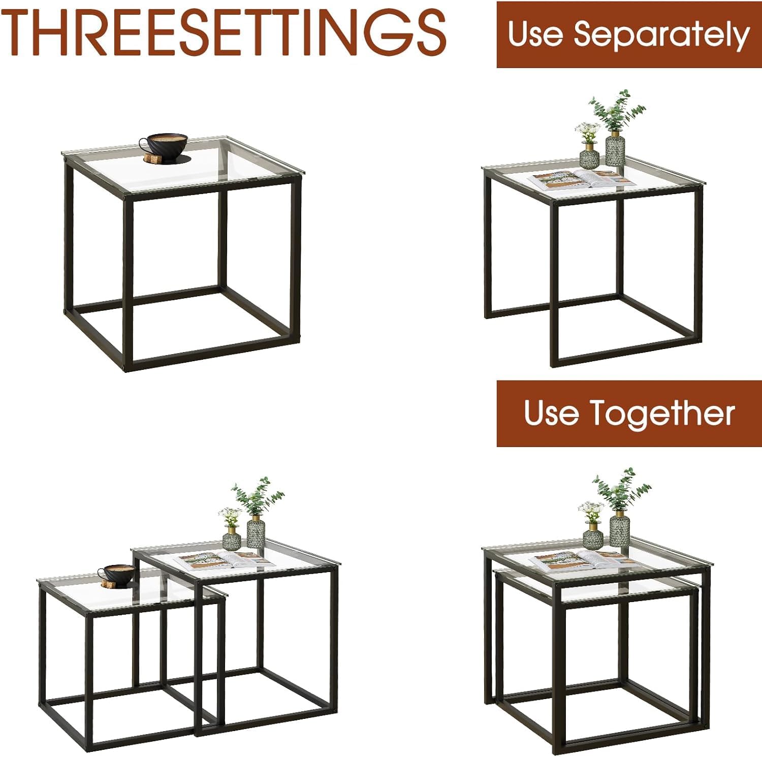 Set 2 Tavolini Quadrati Moderni 50/45cm, Nero - immagine 6