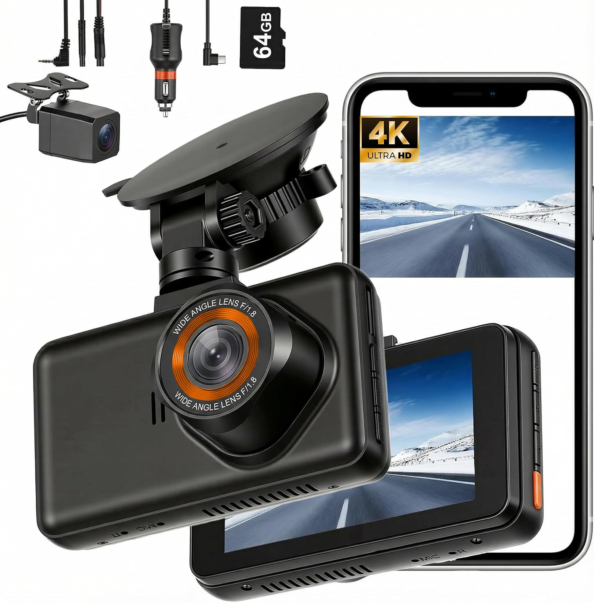 Dashcam Auto Anteriore Posteriore 4K+1080P con 64GB SD
