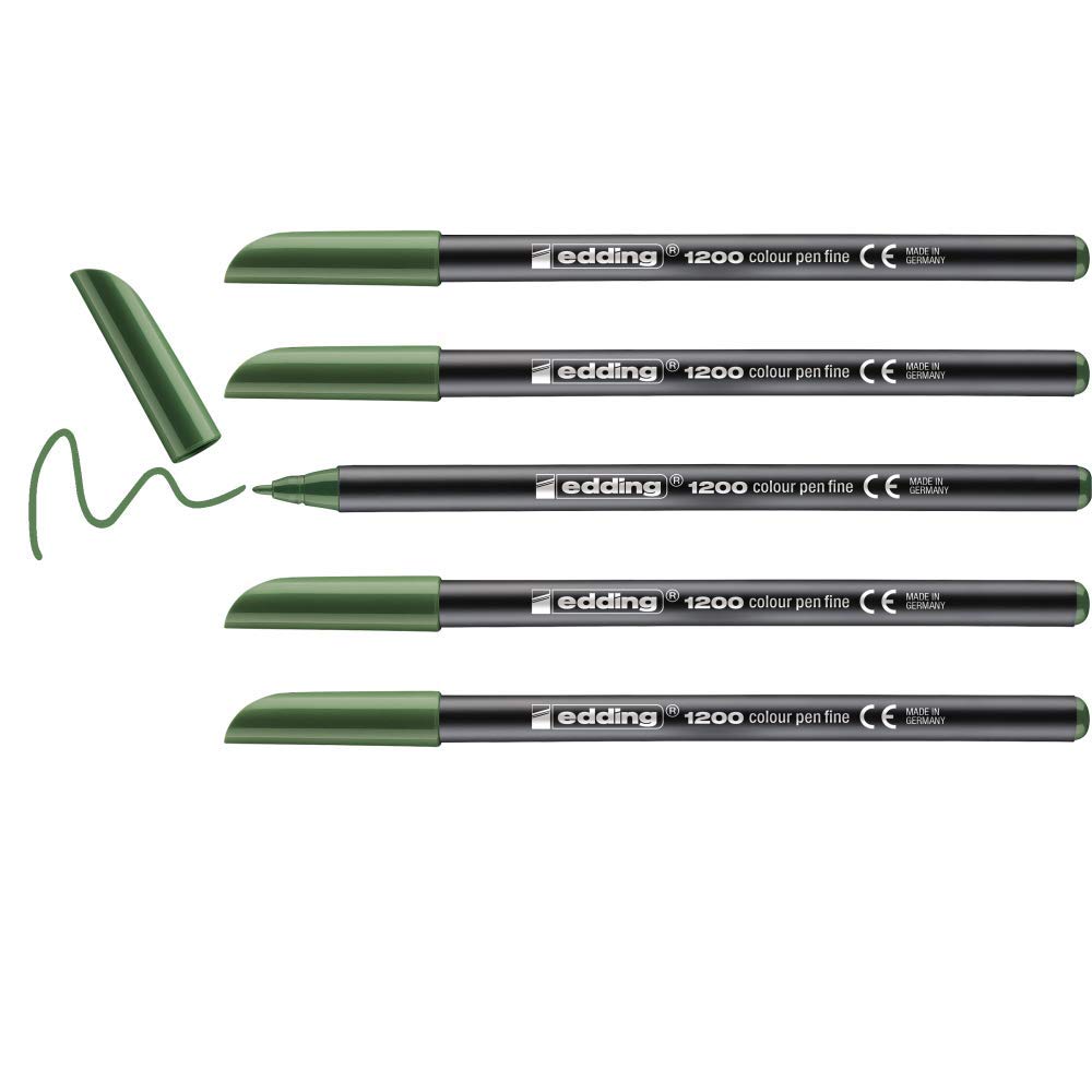 edding 1200 Pennarello da colorare con punta fine, colore: verde oliva, 5 penne, punta rotonda, 1 mm, penna per scrivere e disegnare