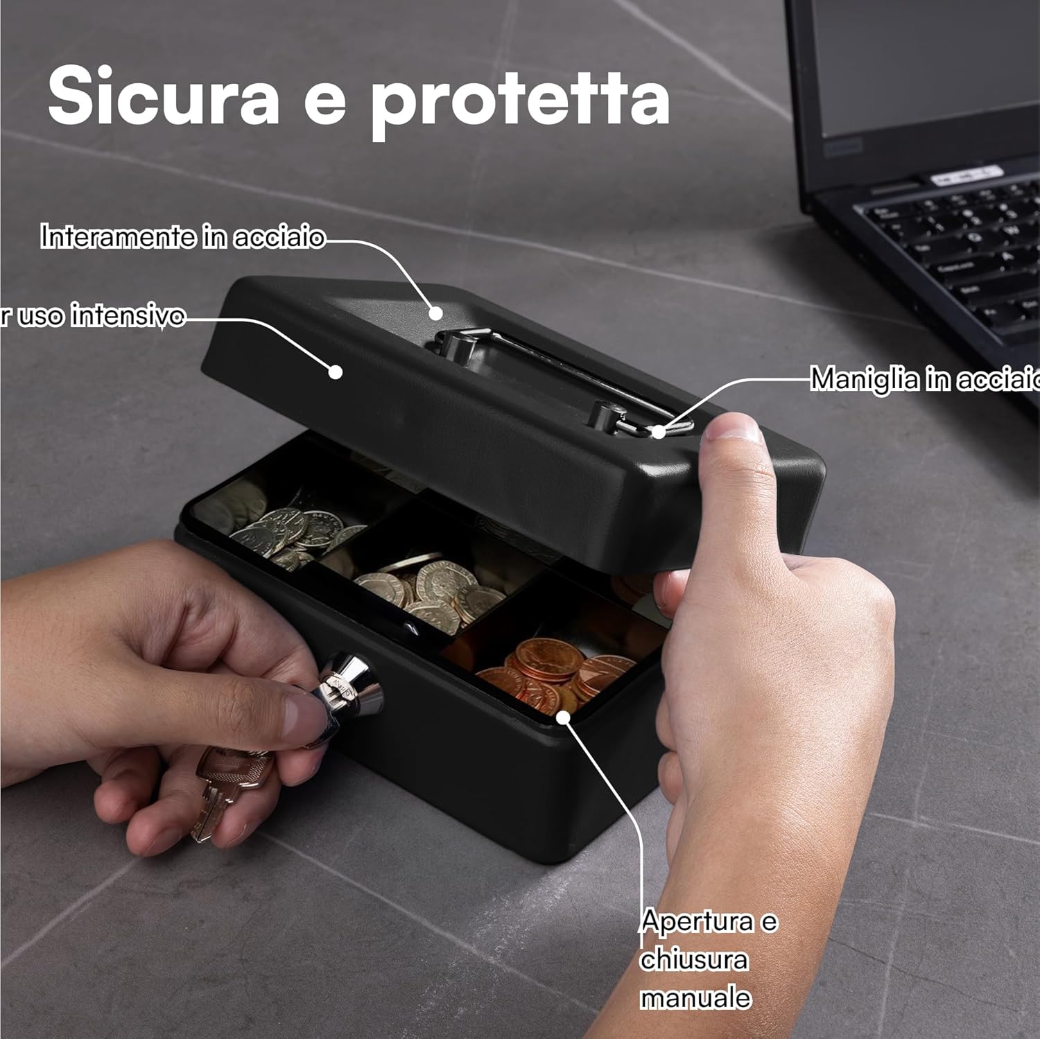 H&s Cassetta di Sicurezza per Soldi con Chiave, Nero - immagine 2