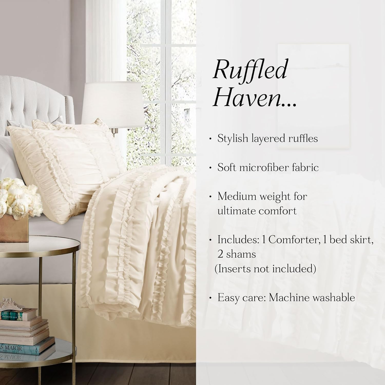 Lush Decor Belle 4-Piece Comforter Set, Queen, Ivory - immagine 7