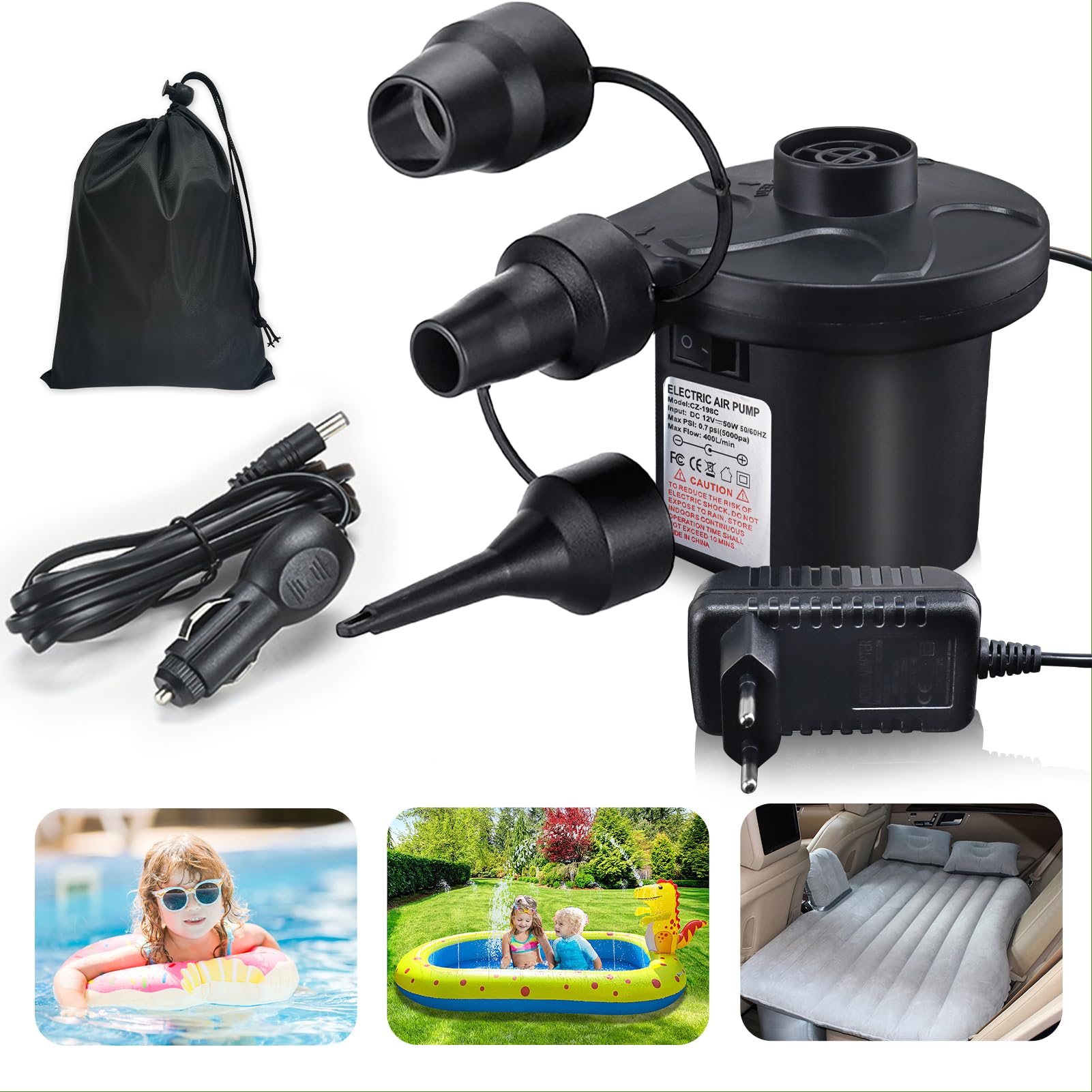 Pompa ad aria elettrica, pompa ad aria per materasso ad aria 2 in 1, pompa elettrica, gonfiabile e scarico, pompa ad aria portatile elettrica con 3 bocchette d'aria per materasso, piscina, materasso