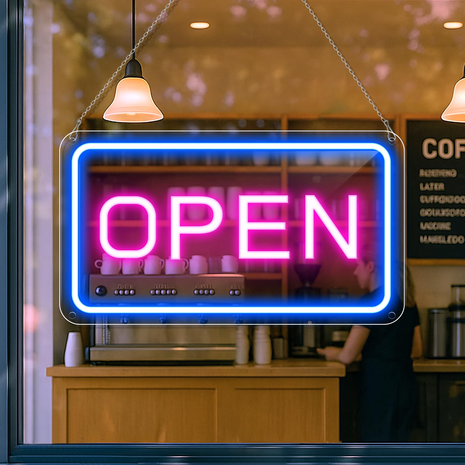 Insegna LED Open USB 16x9 pollici, Blu Rosa