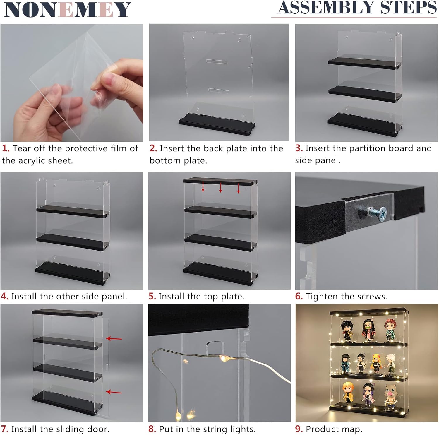 Nonemey Vetrina Acrilico Trasparente 3 Livelli, Nero - immagine 6