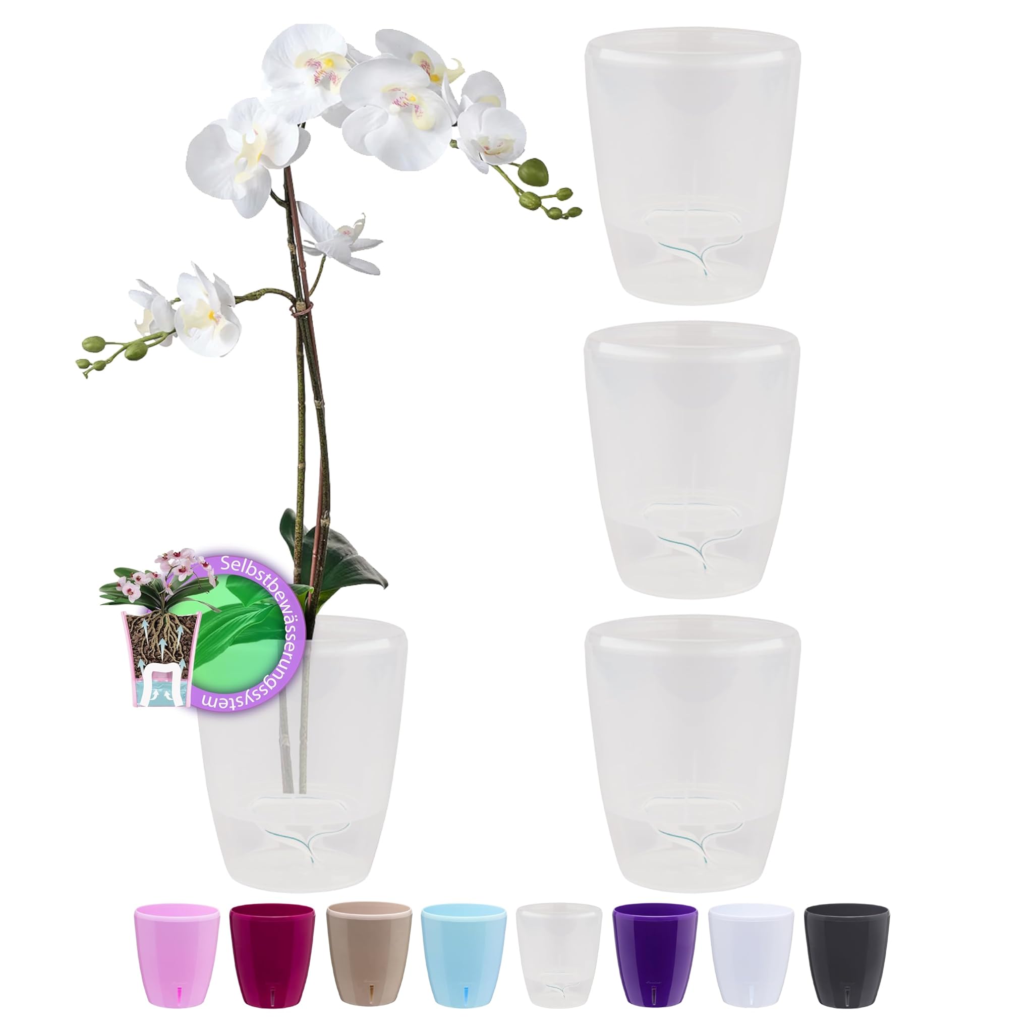 Santino Set di 4 vasi per orchidee, diametro 16,5 cm, con sistema di stoppino e indicatore del livello dell'acqua per interni (trasparente, 3,3 l)