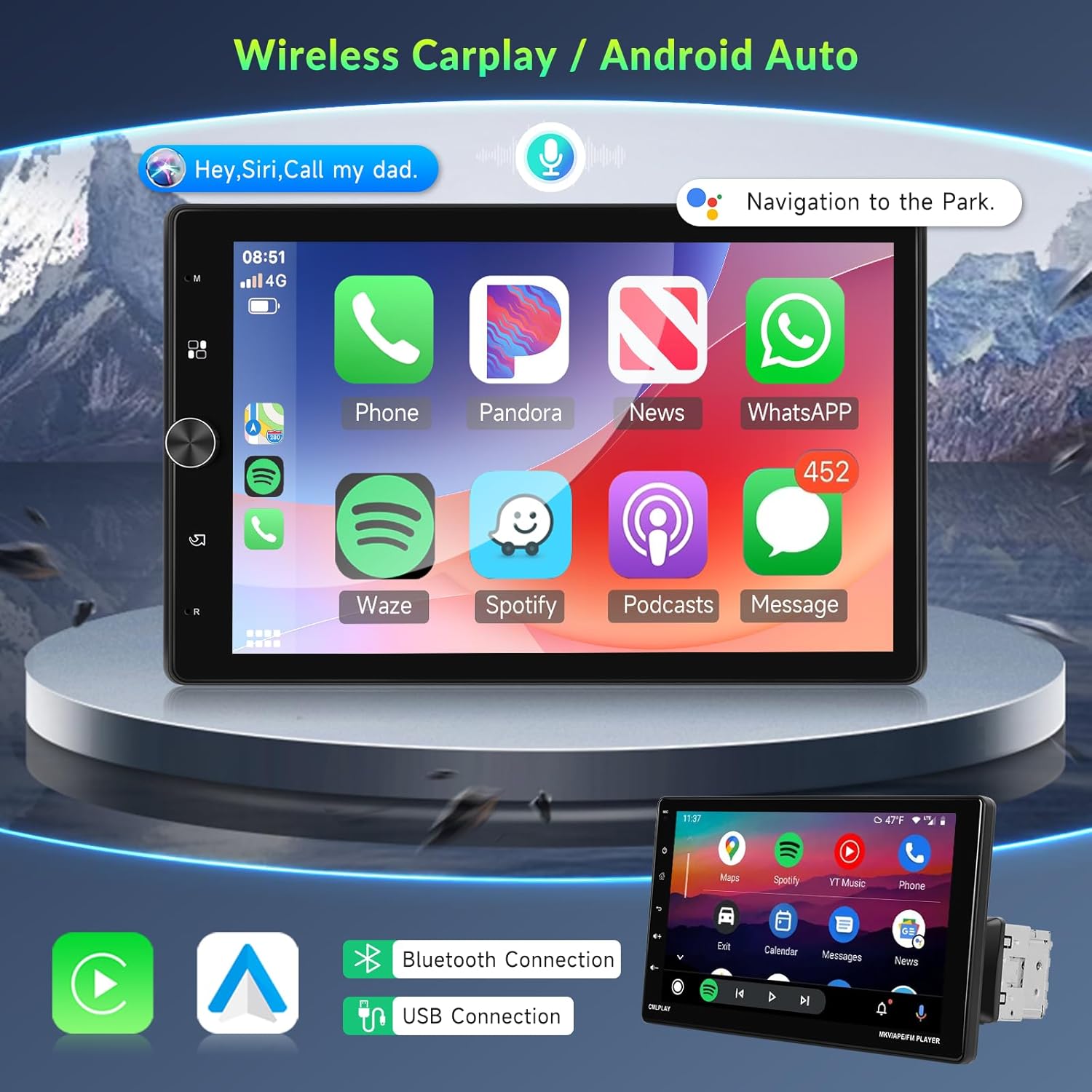 Vechtel Autoradio 1 Din con Carplay Android Auto Wireless - immagine 3