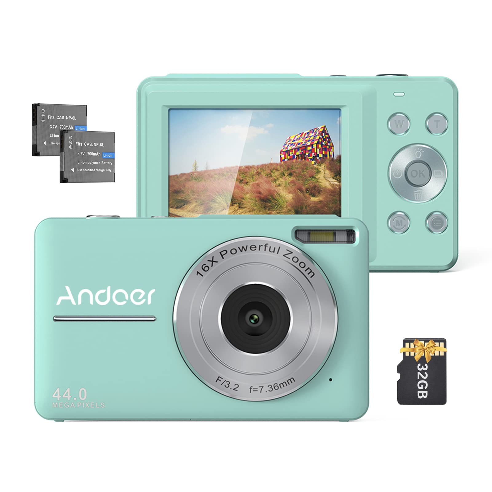 Andoer Fotocamera Digitale 1080P 44MP HD, Verde Menta